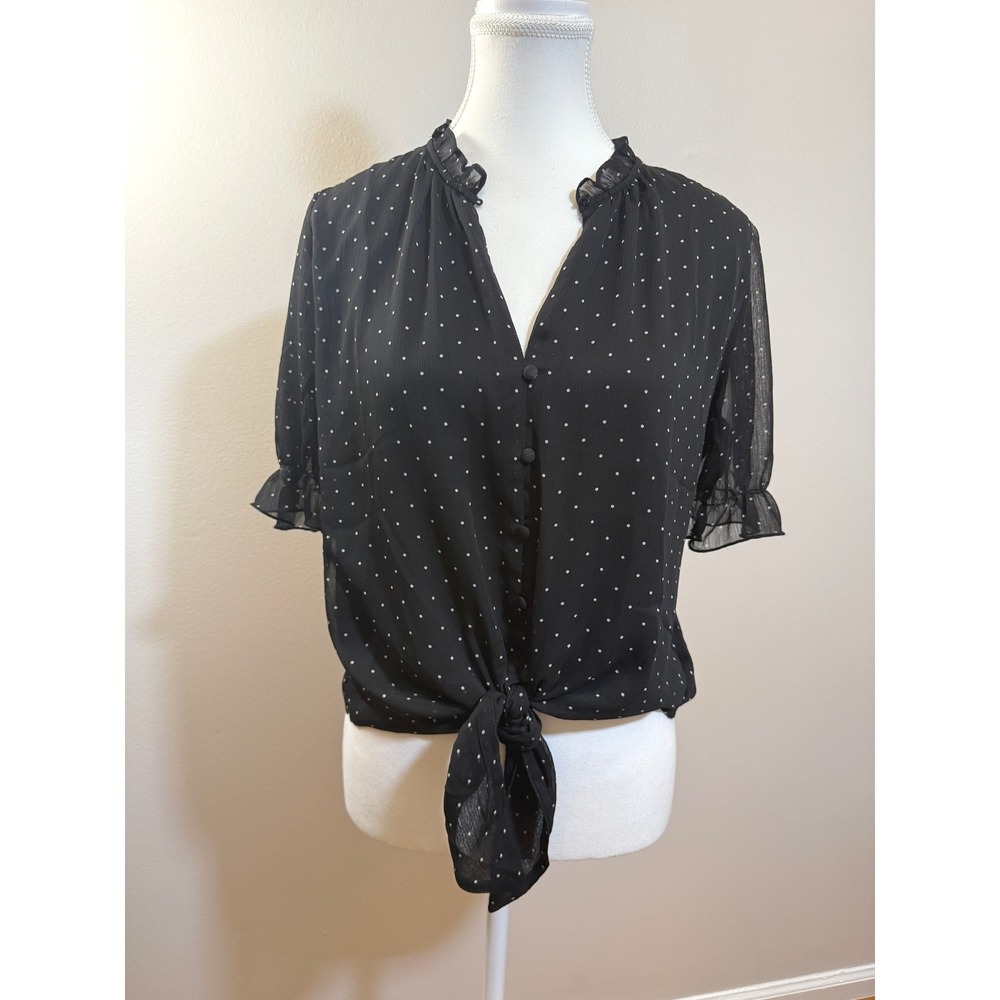 Tamara H Polka Dot Blouse Medium Black Ruffle Tie Front Short Sleeve Top Retro
